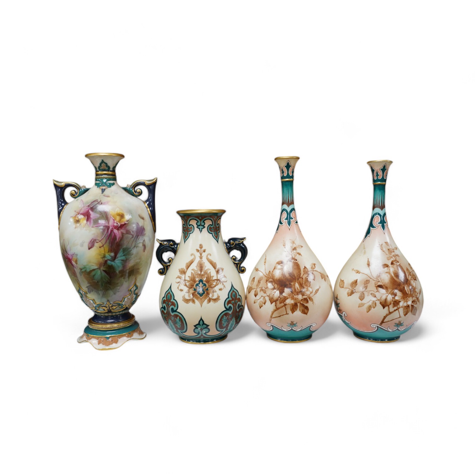 Hadley's Worcester: a pair of vases and two others, tallest 21.5cm. Condition - mostly good, largest vase has two chips to inner upper rim, areas of wear to gilding